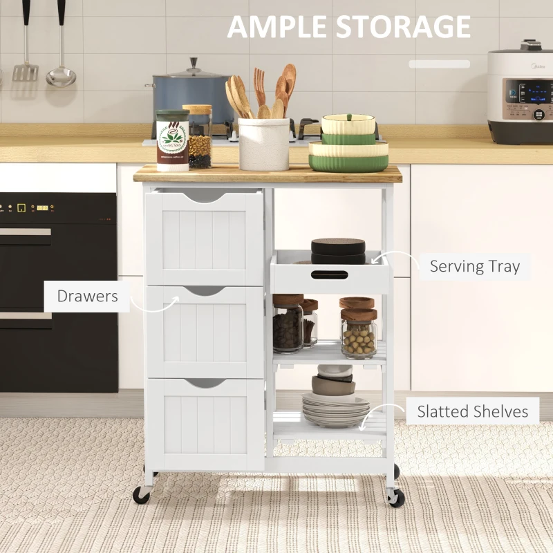 HOMCOM Rolling Kitchen Island Cart, Bar Serving Cart, Compact Trolley on Wheels with Wood Top, Shelves and Drawers (White)