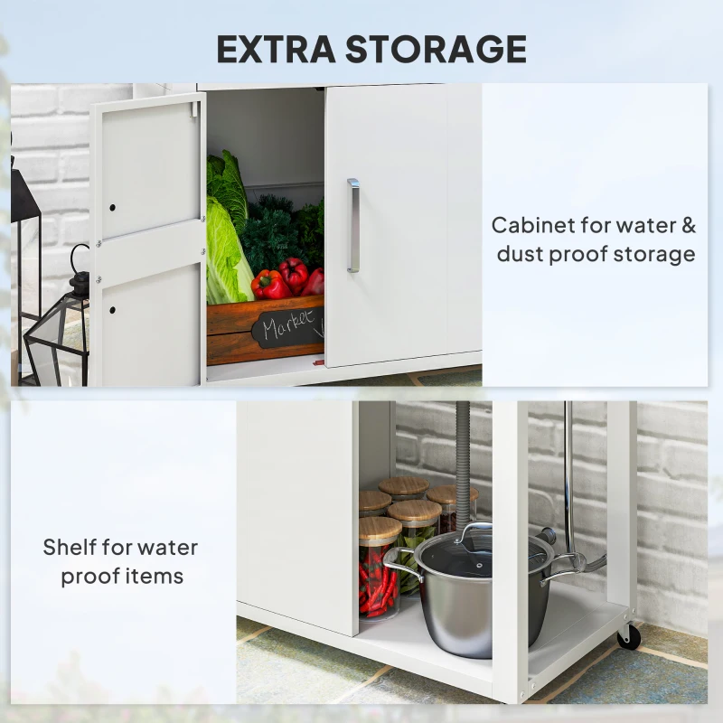 Outsunny Outdoor Grill Table with Stainless Steel Sink and Drainage, Grill Cart with Foldable Side Table and Cabinet, Outdoor Kitchen Island with Wheels, White