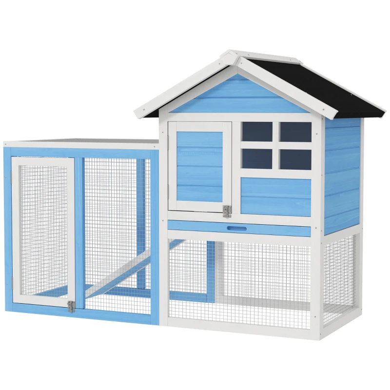PawHut 48" Wooden Rabbit Hutch Bunny Cage with Waterproof Asphalt Roof, Fun Outdoor Run, Removable Tray and Ramp, for Rabbits, Chickens, Ducks, Light Blue