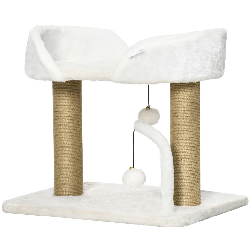 PawHut Cat Tower Condo for Indoor Cats, Small Cat Tree with Jute Scratching Posts, Top Perch, Dangling Balls, White