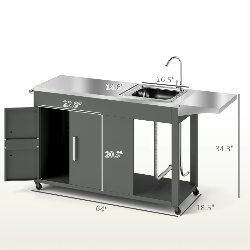 Outsunny Outdoor Grill Table with Stainless Steel Sink and Drainage, Grill Cart with Foldable Side Table and Cabinet, Outdoor Kitchen Island with Wheels, Dark Gray