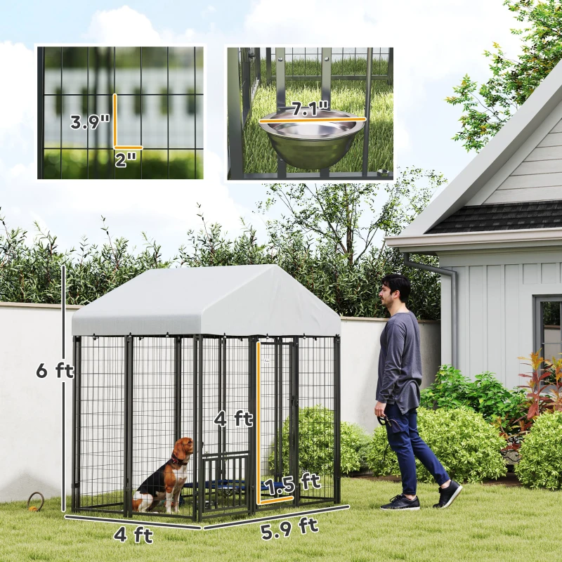 PawHut 5.9' x 4' x 6' Outdoor Dog Kennel with Roof, Rotating & 4-Level Adjustable Bowls