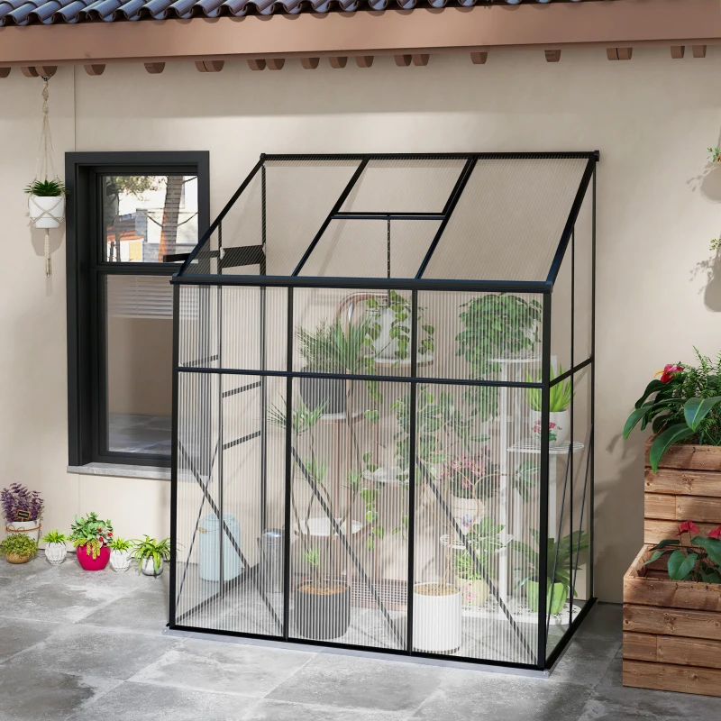 Outsunny 6' x 4' Walk-in Polycarbonate Greenhouse, Lean-to Aluminum Green House with Rain Gutter and Foundation, Black