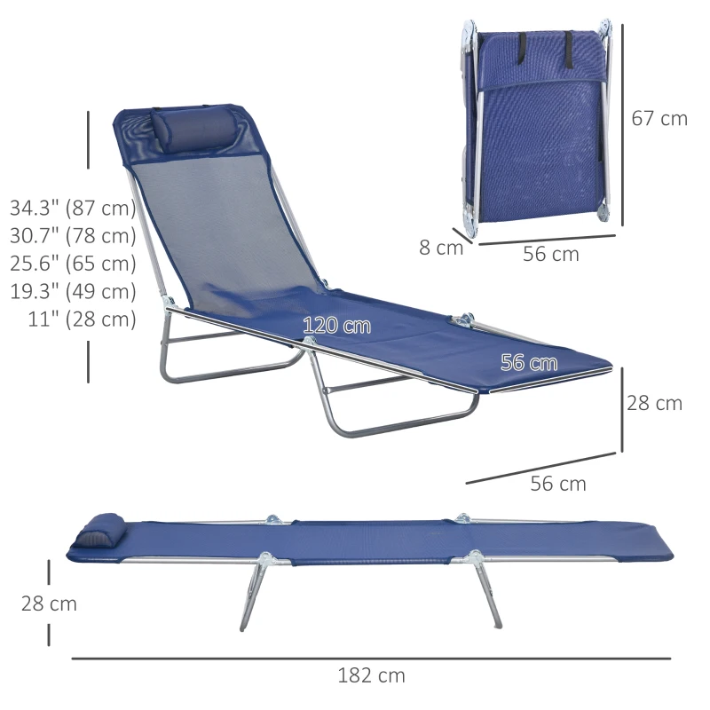 Outsunny Set of 2 Folding Chaise Lounge Chairs, Outdoor Poolside Sun Tanning Chairs w/ Pillow, Reclining Backrest, Dark Blue