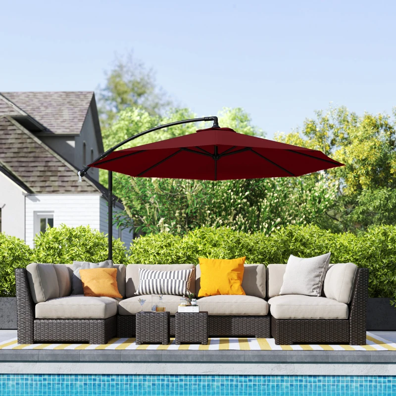 Outsunny 9.7ft Offset Patio Umbrella Garden Hanging Parasol Banana Cantilever Umbrella with Base, Crank, Wine Red