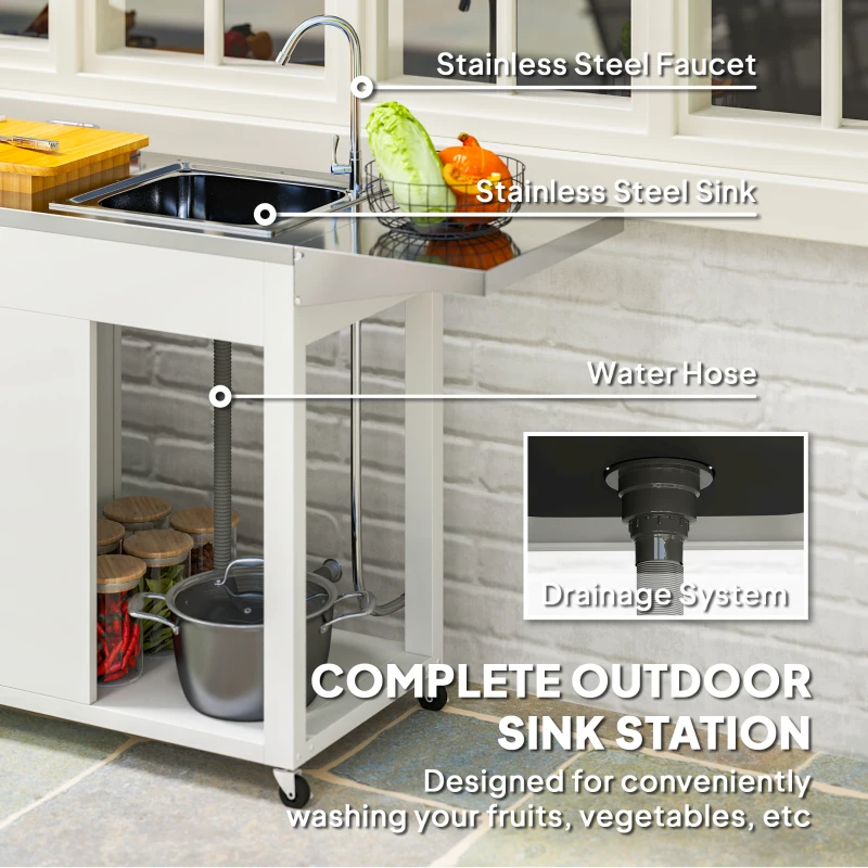 Outsunny Outdoor Grill Table with Stainless Steel Sink and Drainage, Grill Cart with Foldable Side Table and Cabinet, Outdoor Kitchen Island with Wheels, White