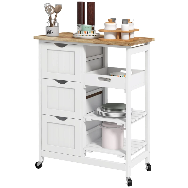 HOMCOM Rolling Kitchen Island Cart, Bar Serving Cart, Compact Trolley on Wheels with Wood Top, Shelves and Drawers (White)
