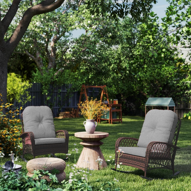 Outsunny Outdoor Wicker Rattan Rocking Chair Set of 2, Patio Rocker with Thick Cushions for Garden Backyard Porch, Grey