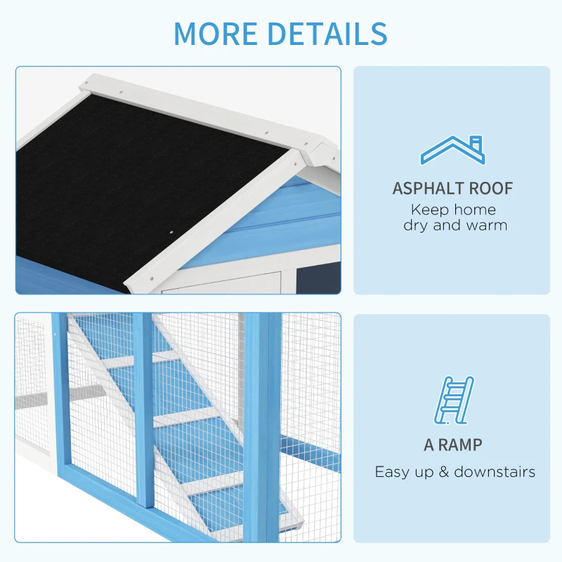 PawHut 48" Wooden Rabbit Hutch Bunny Cage with Waterproof Asphalt Roof, Fun Outdoor Run, Removable Tray and Ramp, for Rabbits, Chickens, Ducks, Light Blue