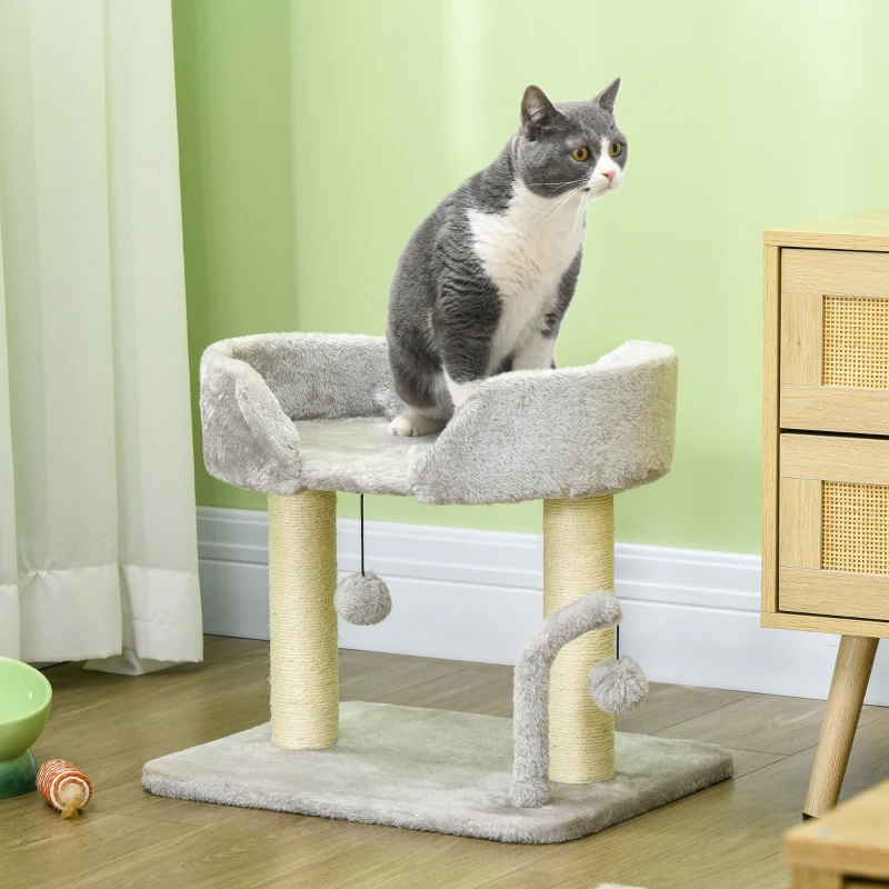 PawHut Cat Tower Condo for Indoor Cats, Small Cat Tree with Sisal Scratching Posts, Top Perch, Dangling Balls, Light Grey