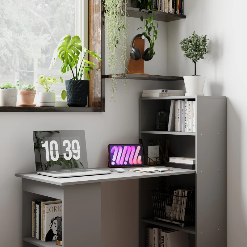 HOMCOM Compact Computer Desk with 6-Tier Storage Shelves, Writing Table Workstation with Bookshelf for Home Office, Gray