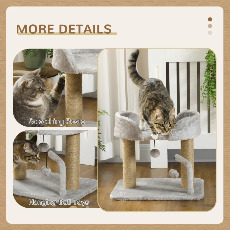 PawHut Cat Tower Condo for Indoor Cats, Small Cat Tree with Jute Scratching Posts, Top Perch, Dangling Balls, Light Grey