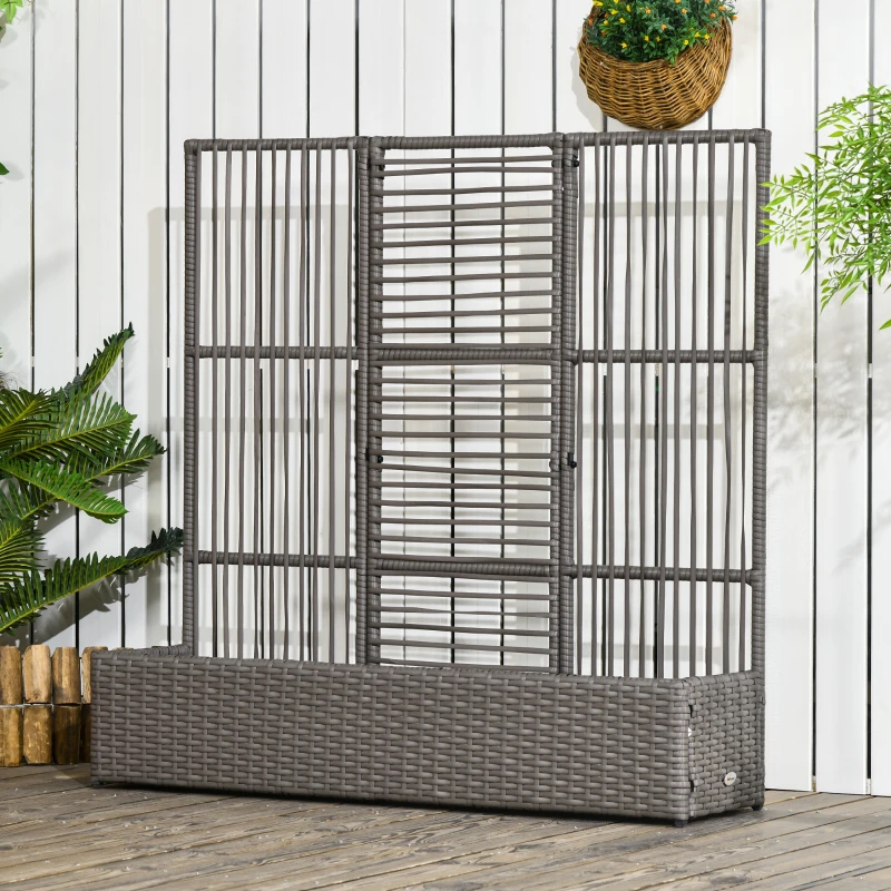 Outsunny Raised Garden Bed with Lattice Trellis, Rattan Outdoor Planter with Storage for Garden, Patio, Balcony, Grey