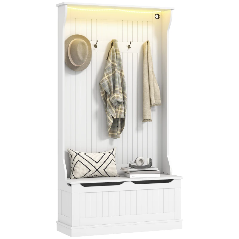 HOMCOM 3-In-1 Entryway Bench with LED Lights and Coat Rack, Hall Tree with Bench and Shoe Storage, 5 Hooks for Hallway White