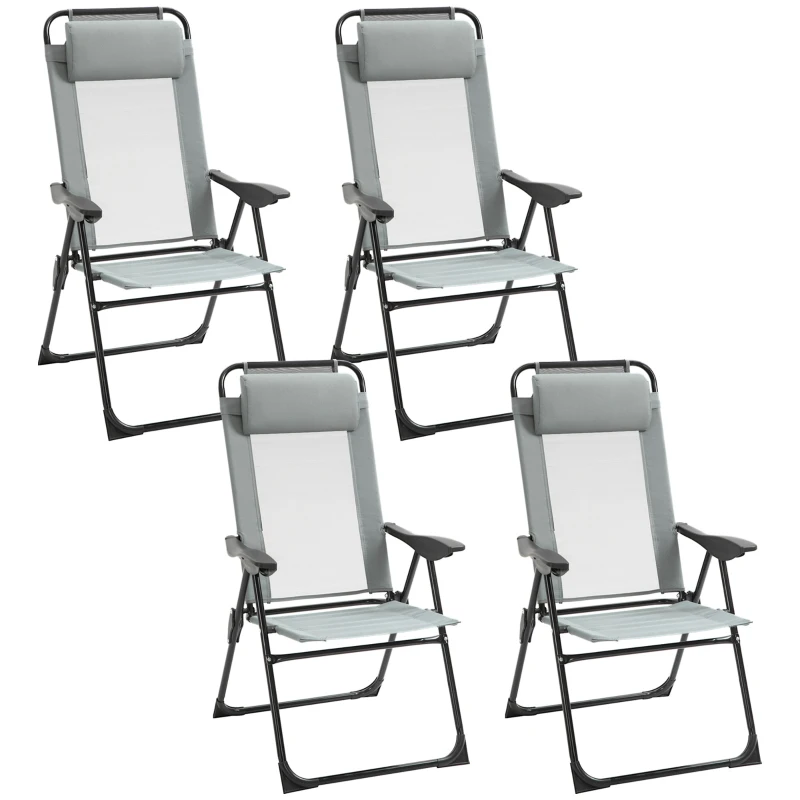 Outsunny Set of 4 Camping Chairs, Outdoor Folding Lounge Chair Set with 5 Level Adjustable Backrest, Removable Headrest, Armrest for Camping, Backyard, Grey