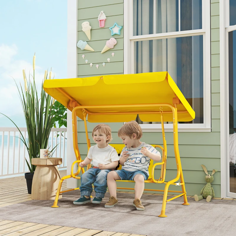 Qaba Kids Patio Swing Chair with Adjustable Canopy, Safety Belt for Patio, Garden, Poolside, Balcony, Yellow