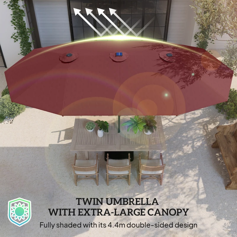 Outsunny Garden Parasol 14.4ft Double-Sided Sun Umbrella with Base, Patio Parasol with LED Solar Lights, Wine Red