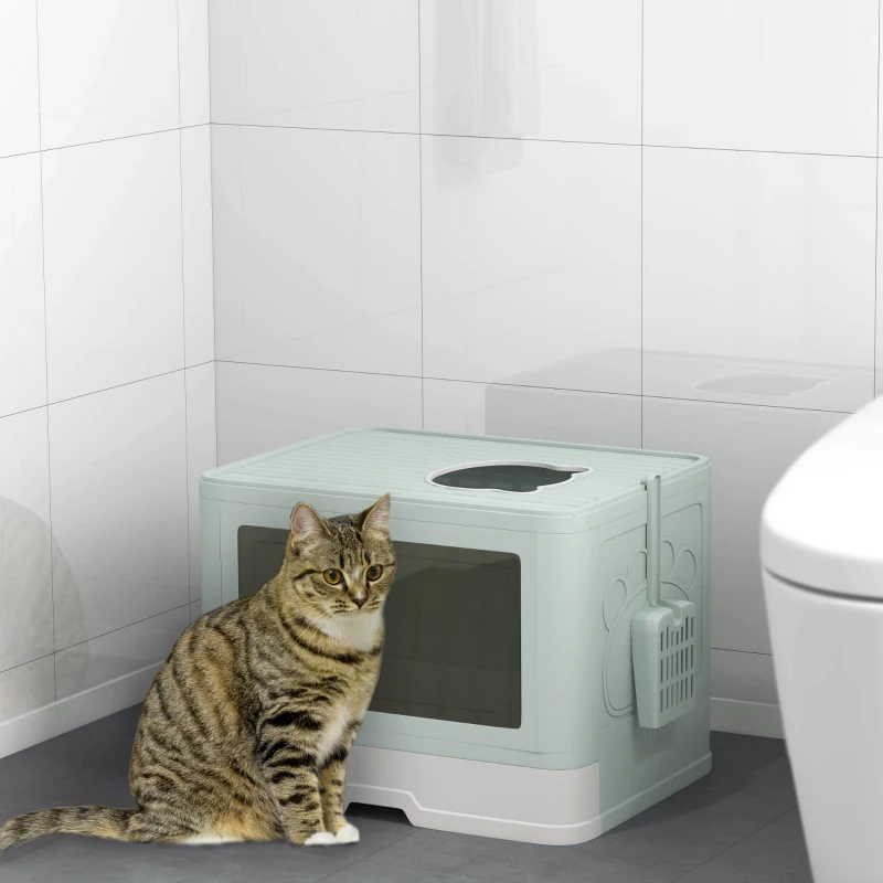 PawHut Cat Litter Box, Front Entry Top Exit Cat Litter Tray with Scoop, Pull-out Tray, Easy to Clean, Brush, Green