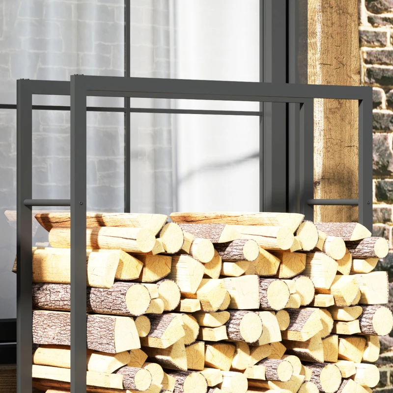 Outsunny Outdoor Firewood Rack with Wheels Heavy Duty Steel Wood Log Storage Stacker for Fireplace, Black