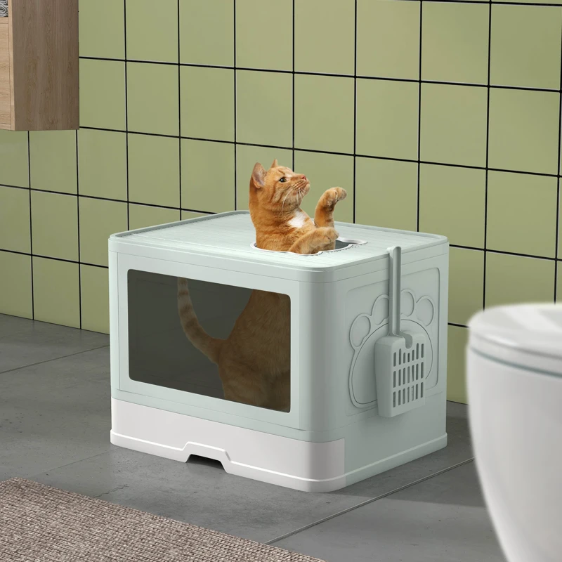 PawHut Cat Litter Box, Front Entry Top Exit Cat Litter Tray with Scoop, Pull-out Tray, Easy to Clean, Brush, Green