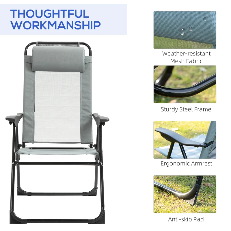 Outsunny Set of 4 Camping Chairs, Outdoor Folding Lounge Chair Set with 5 Level Adjustable Backrest, Removable Headrest, Armrest for Camping, Backyard, Grey