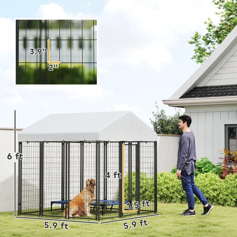 PawHut Outdoor Dog Kennel with Roof with Escape-proof Lock, UV-Resistant & Waterproof Cover, 6' x 6' x 6', Silver