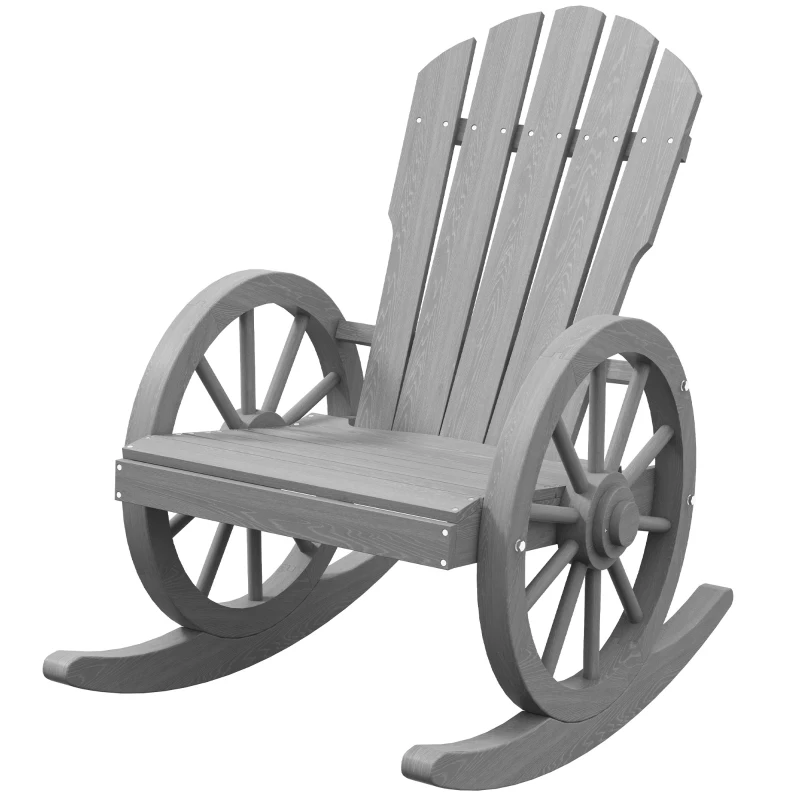 Outsunny Patio Wooden Rocking Chair, Wagon Outdoor Rocker Chair with Slatted Design and Wheel Armrests for Garden, Grey