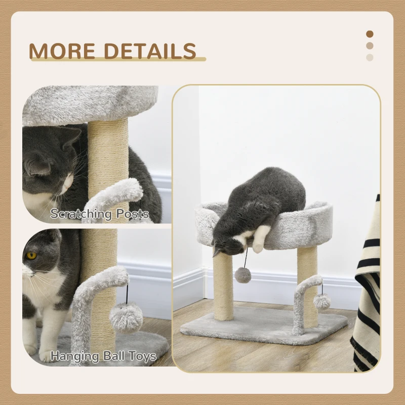 PawHut Cat Tower Condo for Indoor Cats, Small Cat Tree with Sisal Scratching Posts, Top Perch, Dangling Balls, Light Grey