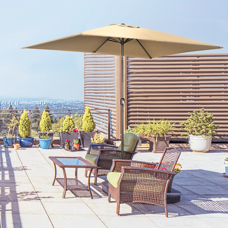 Outsunny 6.5x10ft Patio Umbrella, Rectangle Market Umbrella with Aluminum Frame and Crank Handle, Garden Parasol Outdoor Sunshade Canopy, Tan