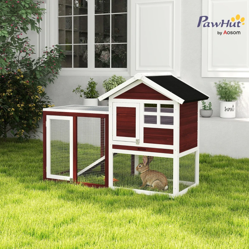 PawHut 48" Wooden Rabbit Hutch Bunny Cage with Waterproof Asphalt Roof, Fun Outdoor Run, Removable Tray and Ramp, for Rabbits, Chickens, Ducks, Brown