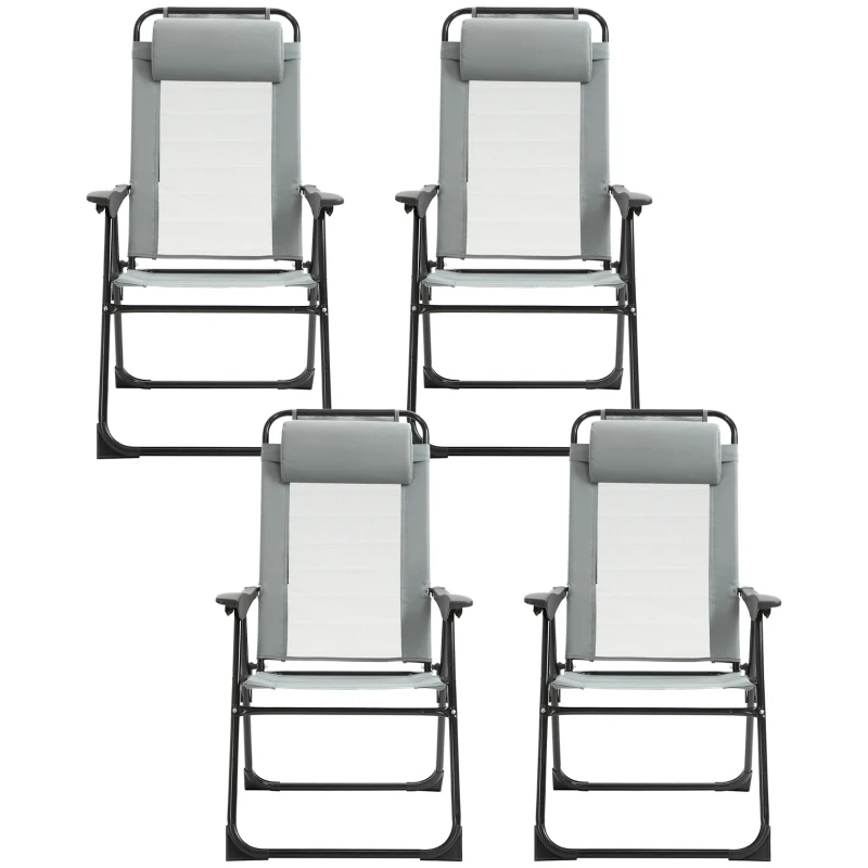 Outsunny Set of 4 Camping Chairs, Outdoor Folding Lounge Chair Set with 5 Level Adjustable Backrest, Removable Headrest, Armrest for Camping, Backyard, Grey