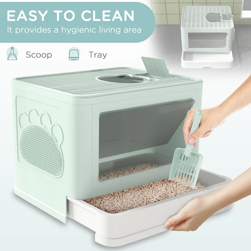 PawHut Cat Litter Box, Front Entry Top Exit Cat Litter Tray with Scoop, Pull-out Tray, Easy to Clean, Brush, Green
