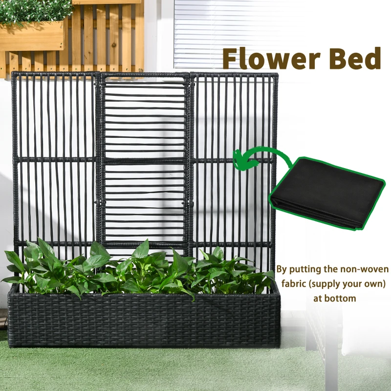 Outsunny Raised Garden Bed with Lattice Trellis, Rattan Outdoor Planter with Storage for Garden, Patio, Balcony, Black