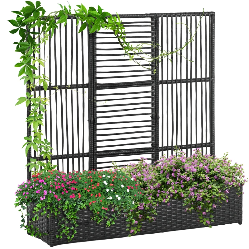 Outsunny Raised Garden Bed with Lattice Trellis, Rattan Outdoor Planter with Storage for Garden, Patio, Balcony, Black