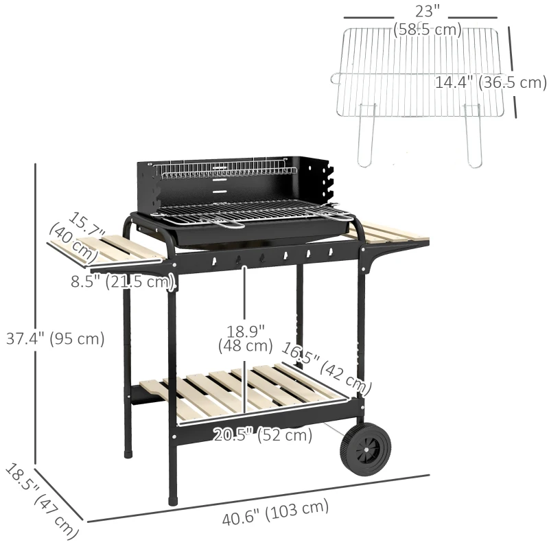 Outsunny Charcoal Barbecue Grill with Adjustable Grill Height, Portable BBQ Trolley with Ash Catcher and Wheels, Black