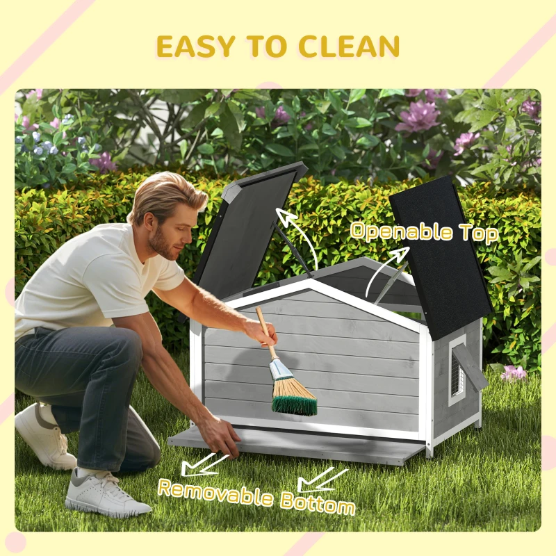 PawHut Wooden Cabin Style Outdoor Dog House with Openable Roof, Removable Bottom, Windows, Curtain, Foot Covers, Gray