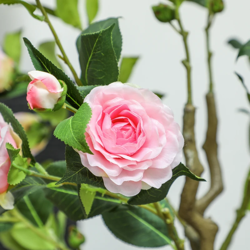 HOMCOM Set of 2 Decorative Artificial Plants, Camellia Flowers in Pots, Fakes Plant for Home Indoor Decor, 39 inch, Pink