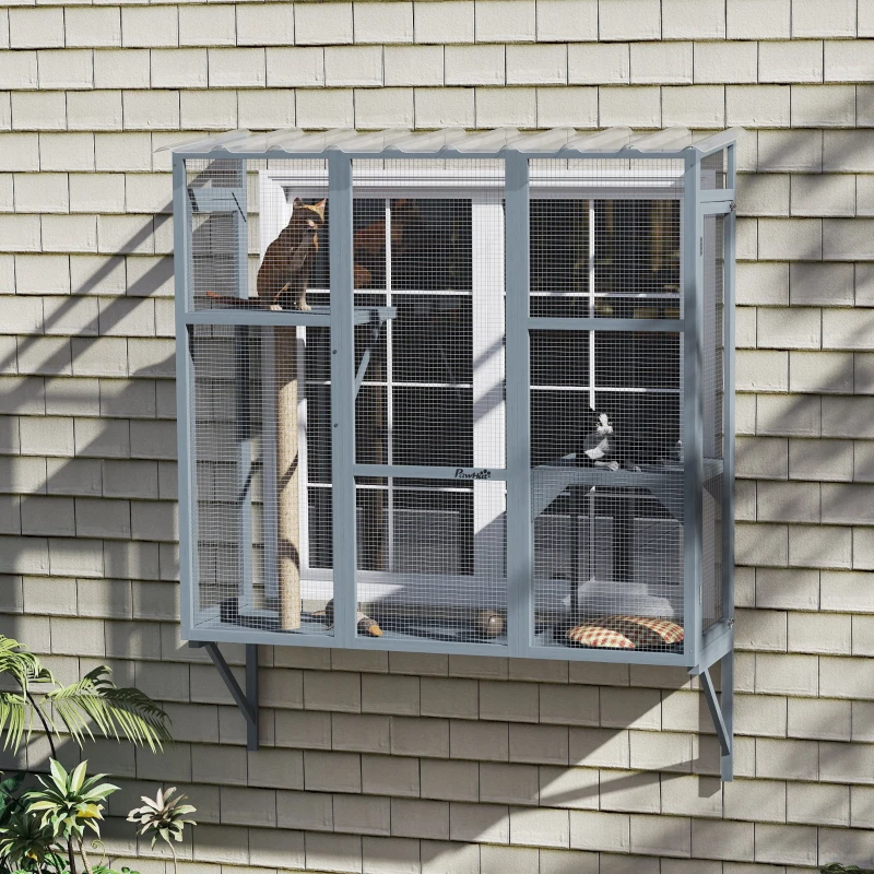 PawHut Catio Outdoor, Window Catio for 2-3 Large Indoor Cats w/ 2 Jumping Platforms, Scratching Post, for Playing, Napping