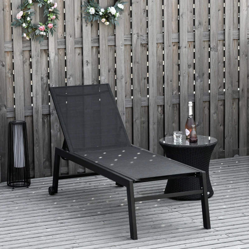 Outsunny Outdoor Lounge Chair, Patio Lounger with 5-Position Reclining Backrest and 2 Wheels for Poolside, Beach, Lawn, Black