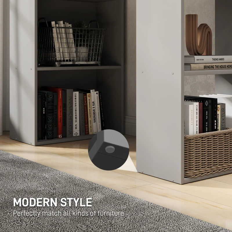 HOMCOM Compact Computer Desk with 6-Tier Storage Shelves, Writing Table Workstation with Bookshelf for Home Office, Gray