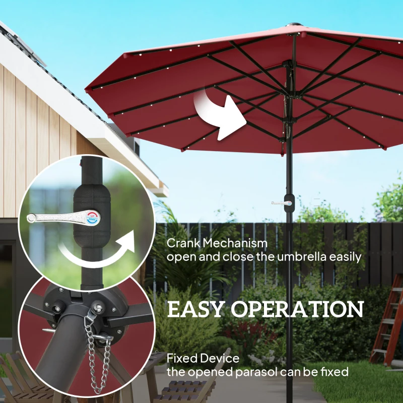 Outsunny Garden Parasol 14.4ft Double-Sided Sun Umbrella with Base, Patio Parasol with LED Solar Lights, Wine Red