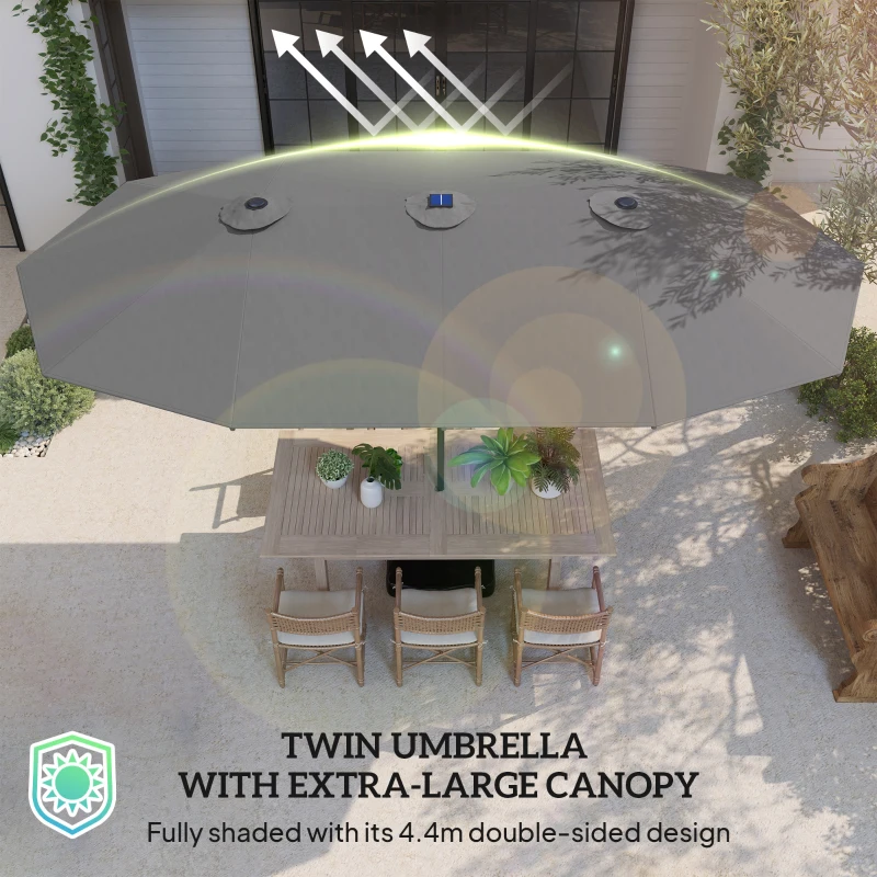 Outsunny Garden Parasol 14.4ft Double-Sided Sun Umbrella with Base, Patio Parasol with LED Solar Lights, Gray