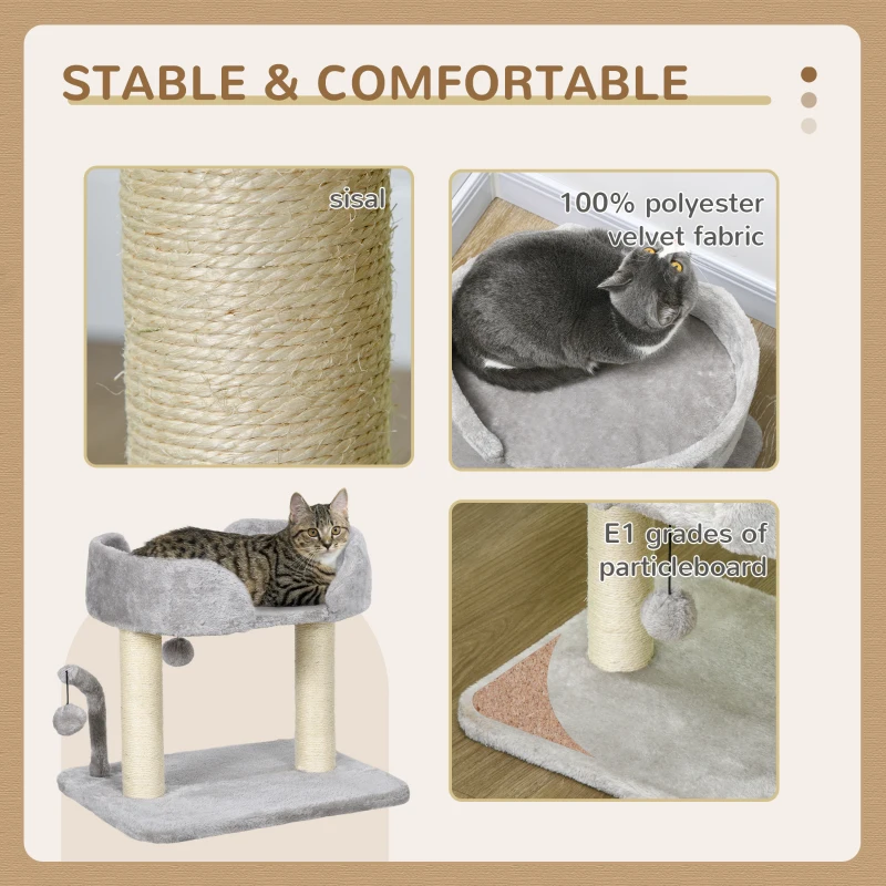 PawHut Cat Tower Condo for Indoor Cats, Small Cat Tree with Sisal Scratching Posts, Top Perch, Dangling Balls, Light Grey