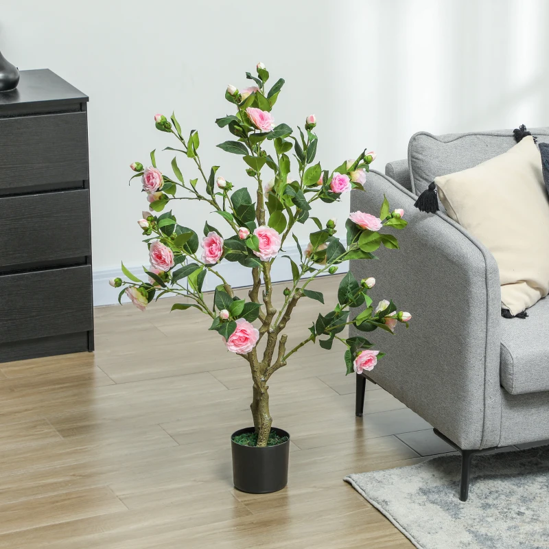 HOMCOM Set of 2 Decorative Artificial Plants, Camellia Flowers in Pots, Fakes Plant for Home Indoor Decor, 39 inch, Pink