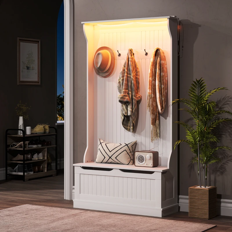 HOMCOM 3-In-1 Entryway Bench with LED Lights and Coat Rack, Hall Tree with Bench and Shoe Storage, 5 Hooks for Hallway White