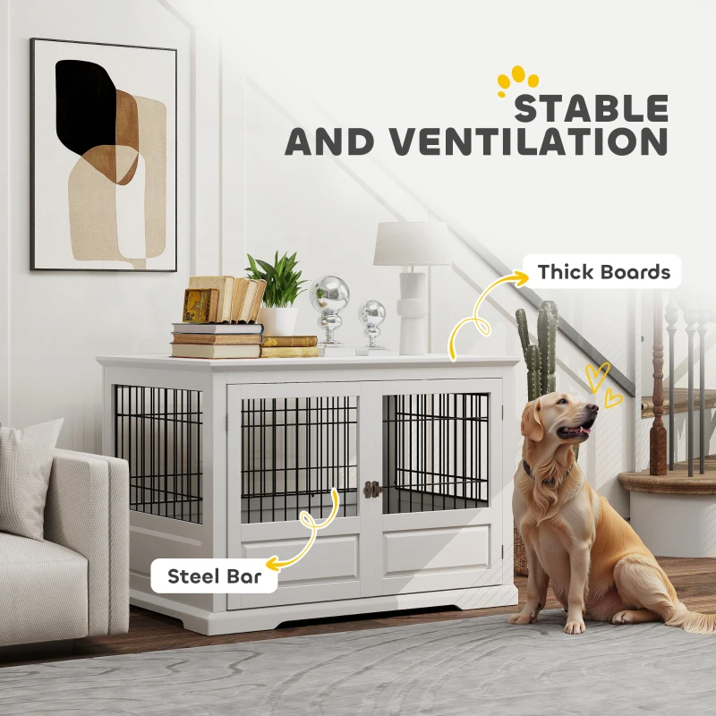 PawHut 43" Dog Crate Furniture with 3 Doors, Removable Tray, for Extra Large Medium Small Dogs, Indoor Use, White