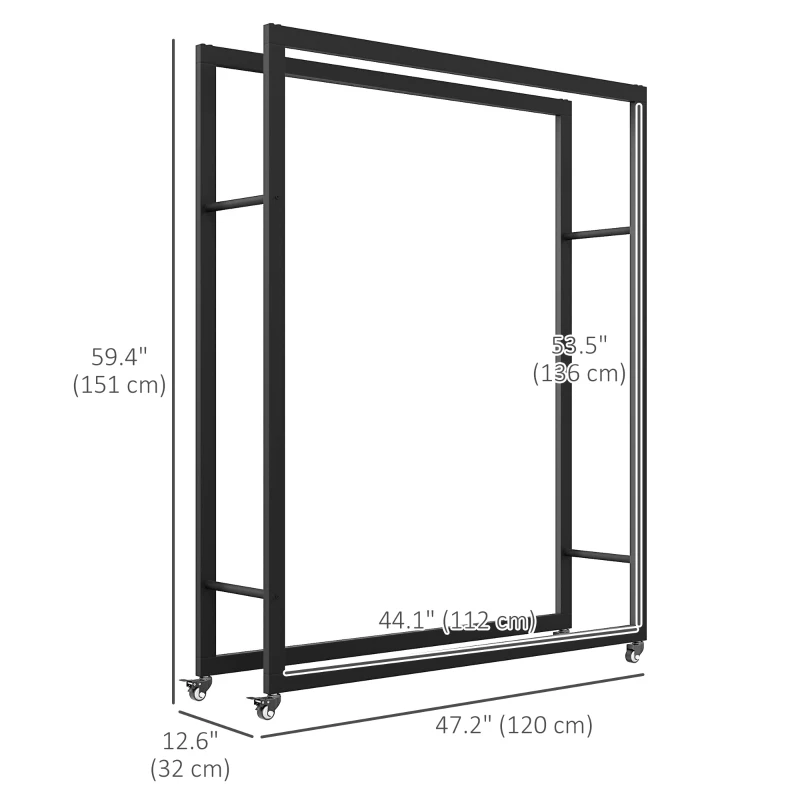 Outsunny Outdoor Firewood Rack with Wheels Heavy Duty Steel Wood Log Storage Stacker for Fireplace, Black