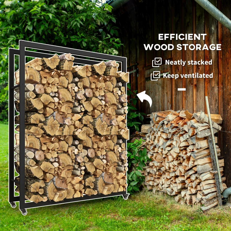 Outsunny Outdoor Firewood Rack with Wheels Heavy Duty Steel Wood Log Storage Stacker for Fireplace, Black