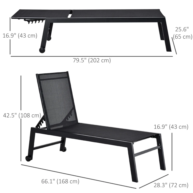 Outsunny Outdoor Lounge Chair, Patio Lounger with 5-Position Reclining Backrest and 2 Wheels for Poolside, Beach, Lawn, Black