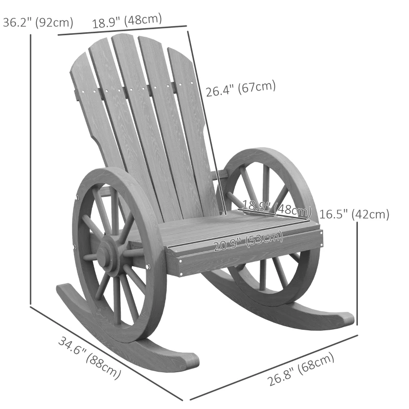 Outsunny Patio Wooden Rocking Chair, Wagon Outdoor Rocker Chair with Slatted Design and Wheel Armrests for Garden, Grey